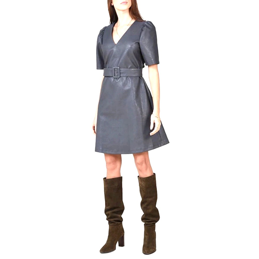 Molly Bracken Gray Faux Leather Midi A-Line Dress Belted V-Neck XS